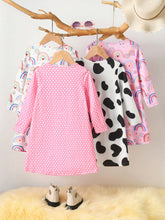 4pcs/Set Fashionable Young Girl' Cartoon Bow, Cat, Cow, Unicorn Print Long Sleeve Dress Set